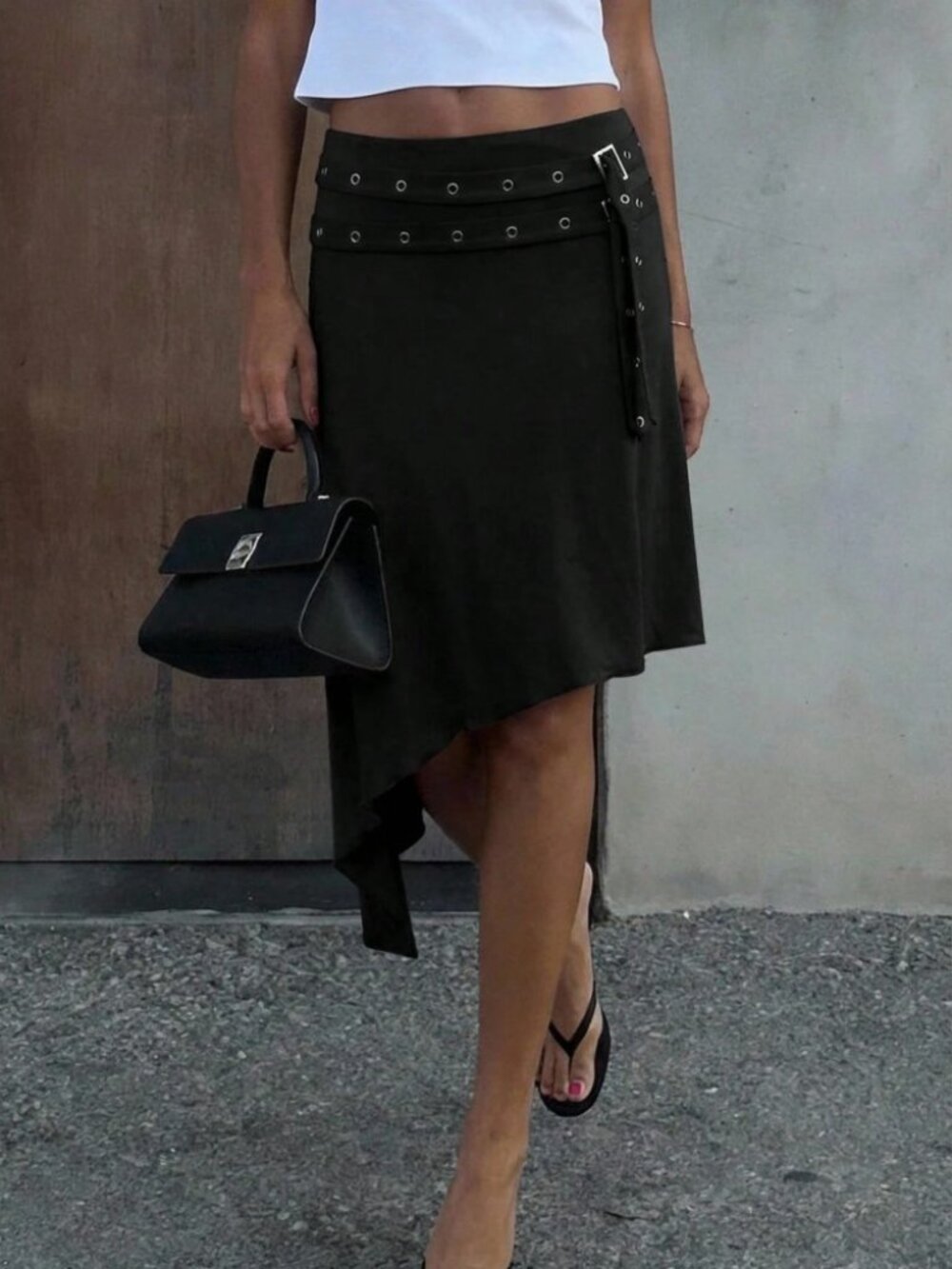 Black Grommet Belt Asymmetric Midi / Mini Skirt - Picture 4 of 8